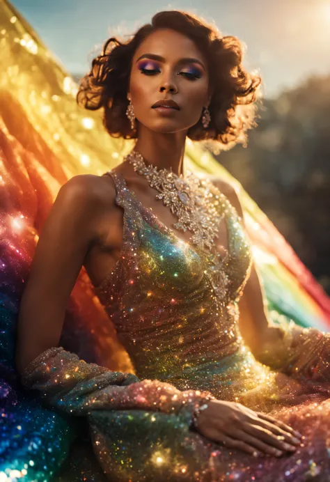 a realistic subdued woman in sunlit environment wearing an topaca gems gown  lying with diamonds with rainbow gltter makeup