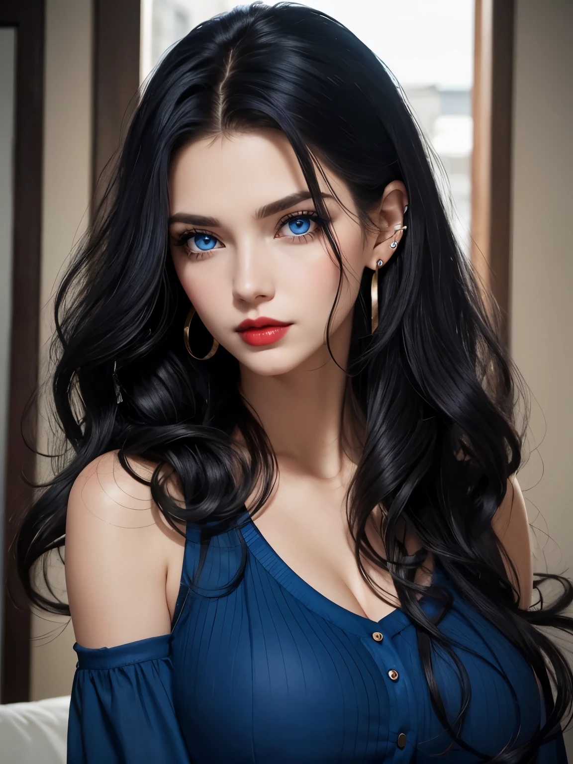 A woman with long black hair and blue eyes posing for a picture - SeaArt AI