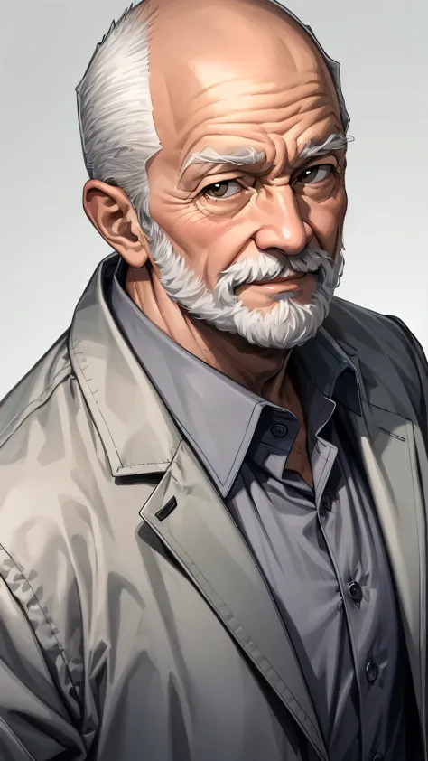 A beautifully drawn (((portrait))), featuring a cheerful (((granpa))) with a full, gray-flecked beard and (((a middle bald white...