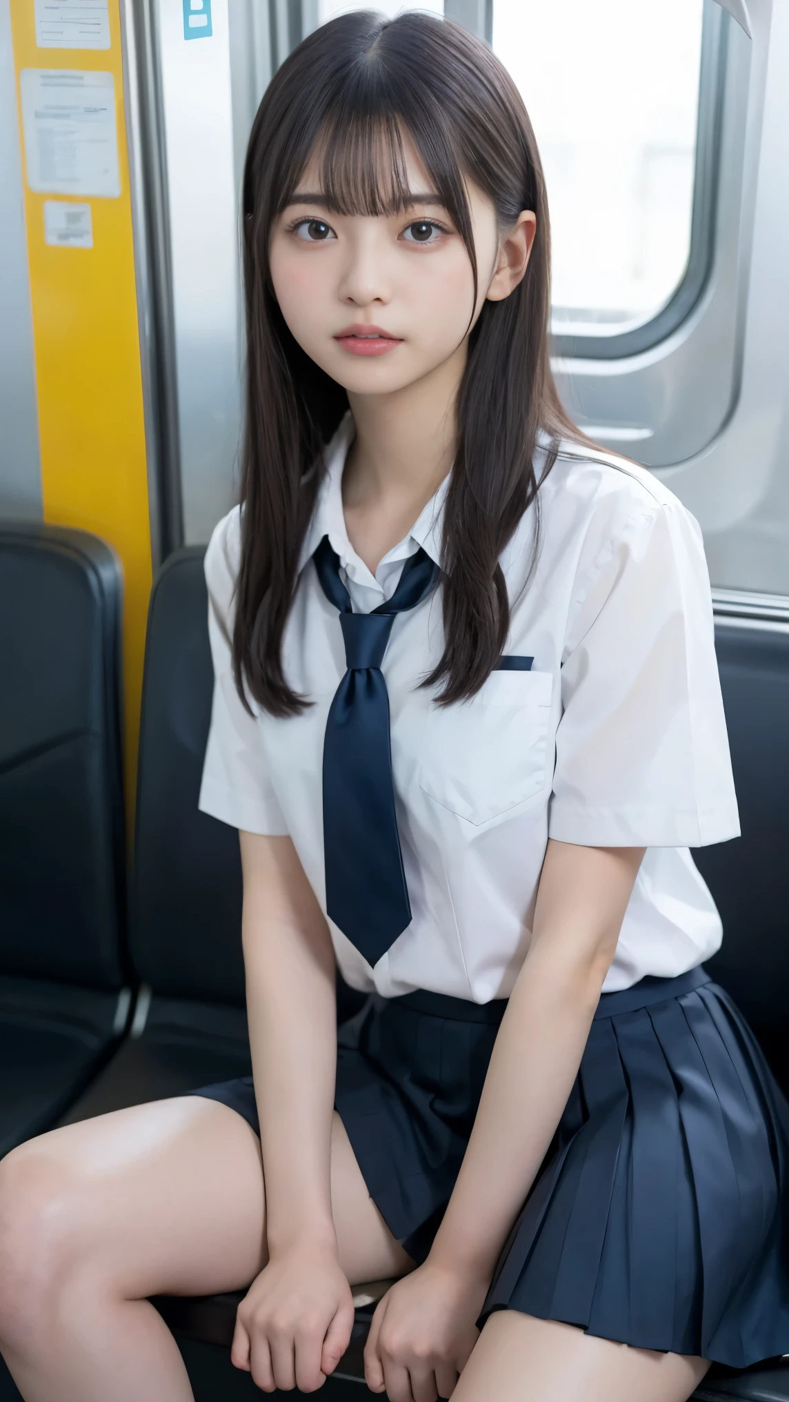 (masterpiece, highest quality:1.2), 8k, 15Year, 85mm, official art, RAW photo, スーパースリムなスレンダーbeautiful girl, Year, 85mm, official art, RAW photo, 超絶スリムな美しいスレンダーbeautiful girl, navy blue short skirt、short sleeveの白い制服シャツ、show me your ears、naked girl photoshoot、full nude, , cute face, close, Half body, Biolace, gardenia, beautiful girl, school uniform, (navy pleated skirt:1.1), tighten your waist, thighs, short sleeve, in the train, sit on a bench seat, looking at the viewer, no makeup, (smile:0.4), film grain, chromatic aberration, sharp focus, face light, clear lighting, Ten generations, detailed face, background bokeh, (dark red tie:1.1)、