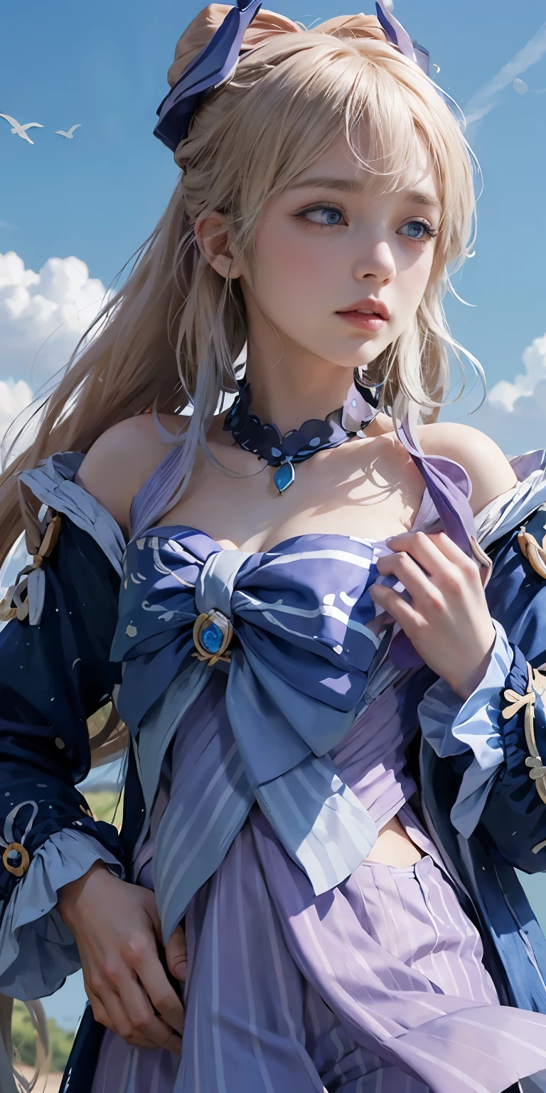 purple, 1 girl, alone, blue eyes, blonde hair, ribbon, hair between eyes, Green gemstones, shut your mouth, jacket, hair ribbon, braid, outdoor, Sky空, Sky, cloud, red ribbon, blue Sky空, ascot, hair intake, blue jacket, brooch, white ascot, masterpiece ，Ultra HD quality