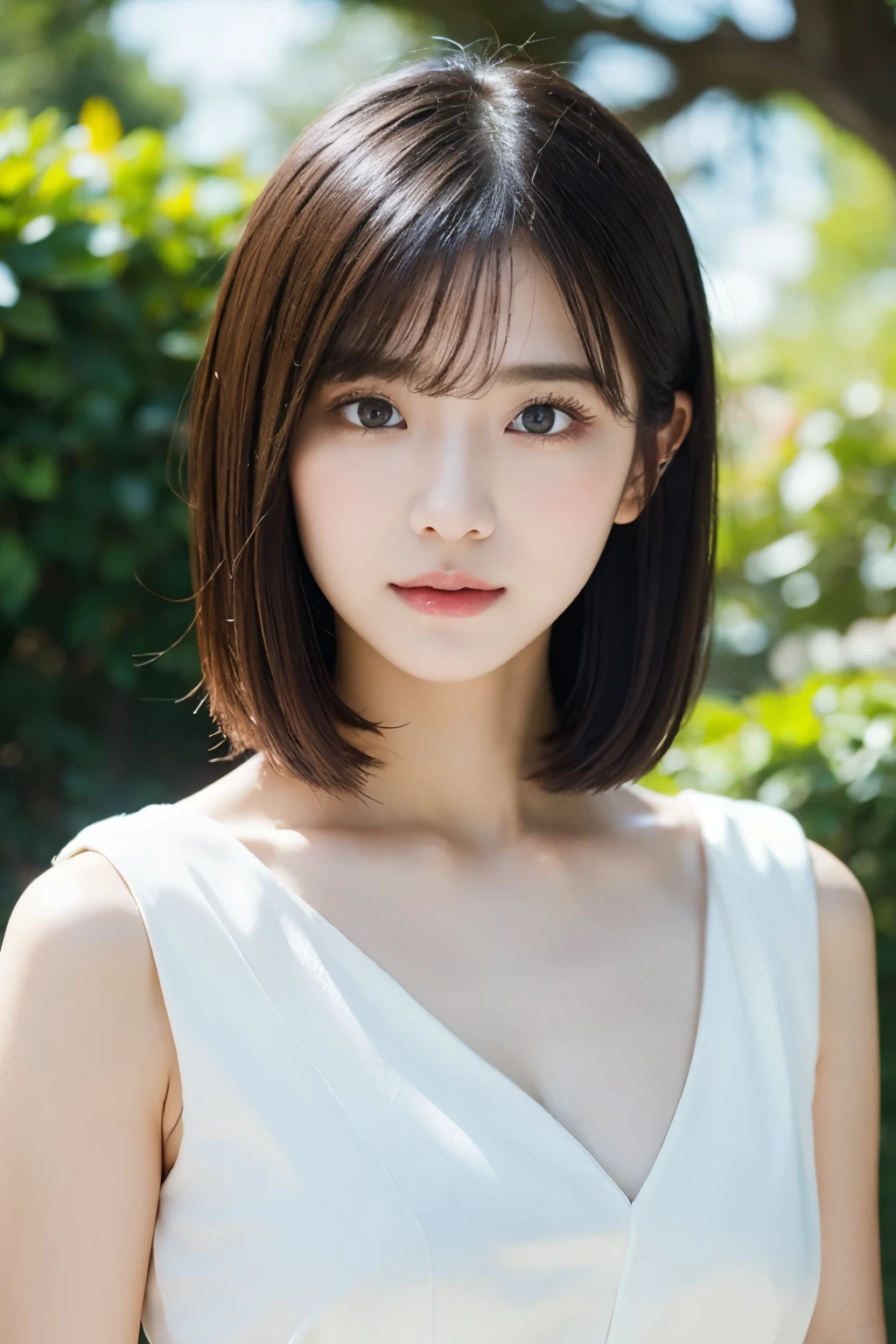 (Transcendent Beautiful Girl:1.2), Neat and clean lady, ​masterpiece, Highest Quality, 
winning artwork, Great skin, 
delicated face, kawaii faces, Young Face, Clean and clean appearance, Twinkle Eyes, double eyelid, 
Small, Beautiful breasts, 
((hight resolution)), ((the Extremely Detailed CG Unity 8K Wallpapers)), 
Short hair, bangs, Elegant rounded bob, 
Portrait of woman in white dress, captivating and enticing, a park, poetic atmosphere, sentimental