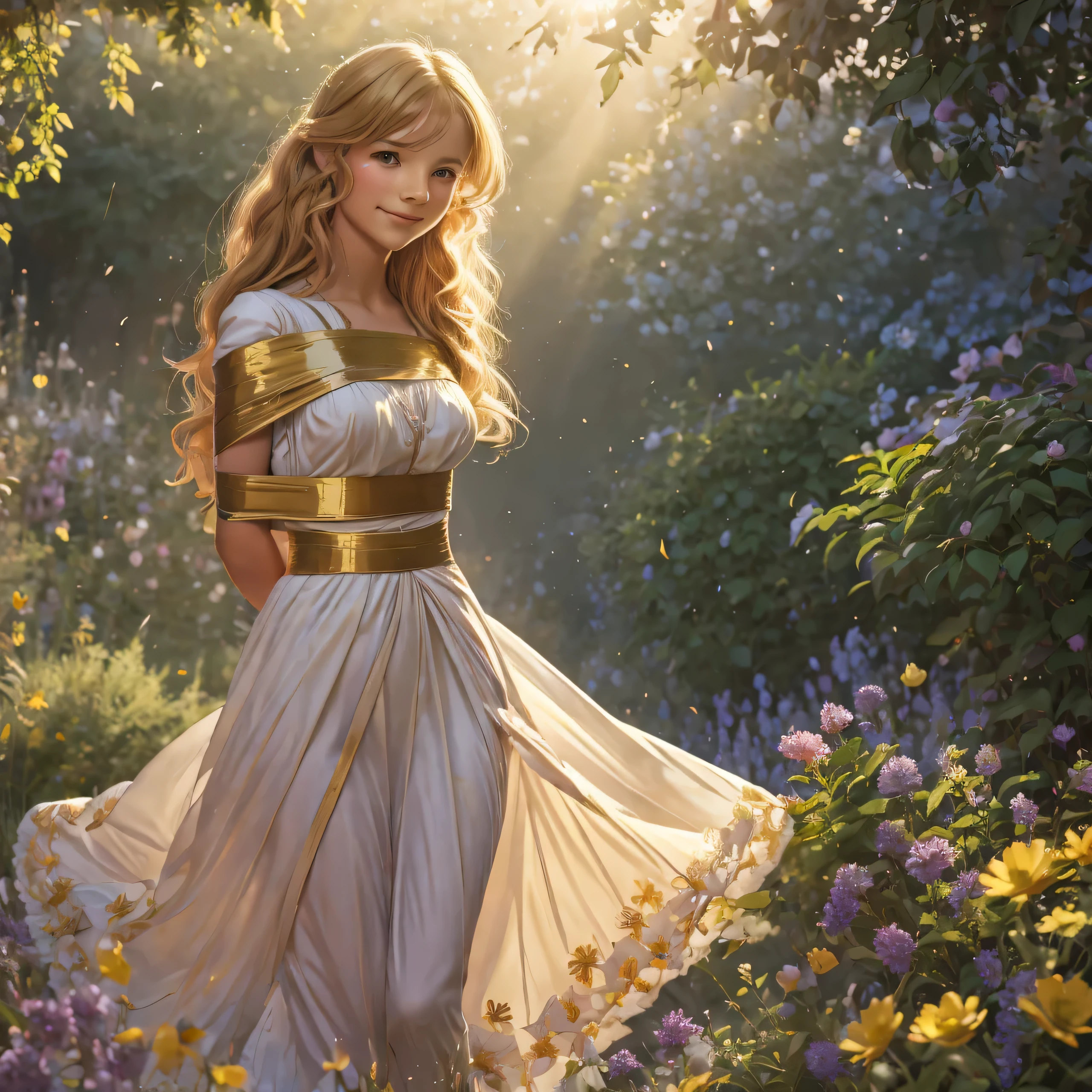 A girl in roped arms and legs,long hair,fair skin,rosy cheeks,charming smile,golden curls,fashionable clothes,confident posture,dreamy gaze,soft features,enchanting presence,graceful movements,in a blooming garden,sunlight streaming through leaves,colourful flowers,fluttering butterflies,nurturing nature,bright blue sky(faded),soft sunlight(golden hour),glowing atmosphere,vibrant colours,impressionistic style,romantic setting,ethereal beauty,subtle details,masterpiece:1.2,highres,photorealistic,professional, tape bondage