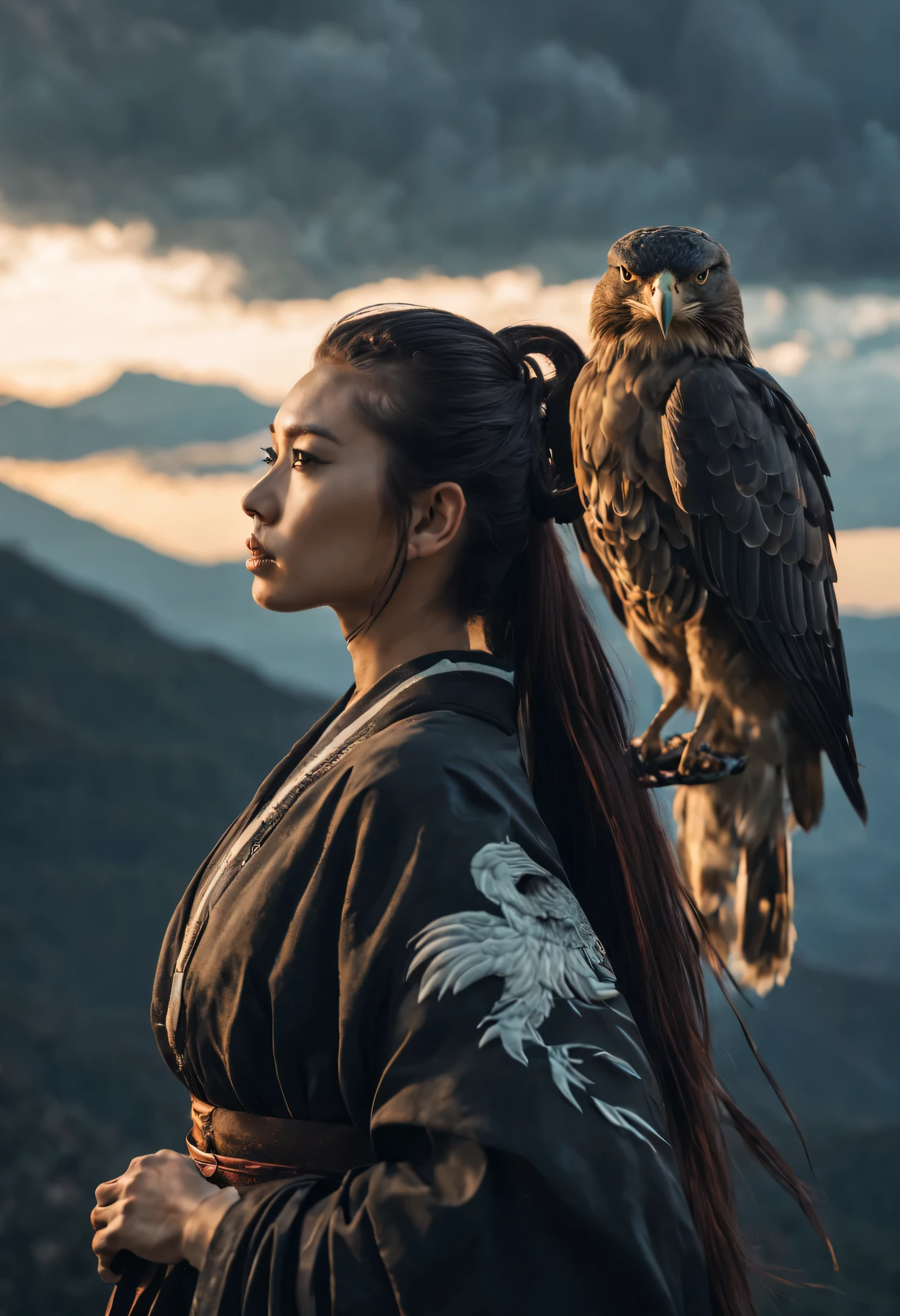 a samurai beautiful sexy woman standing with hawk keep on shoulder, mountain, 4k, magic, cinematic, night, sky, behind view, long ponytail, 
