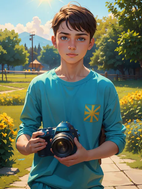 (cute, beautiful) ukrainian (teen boy), (wearing) (loose summer outfit), [holding camera]. (optimistic).

(photorealistic), (viv...