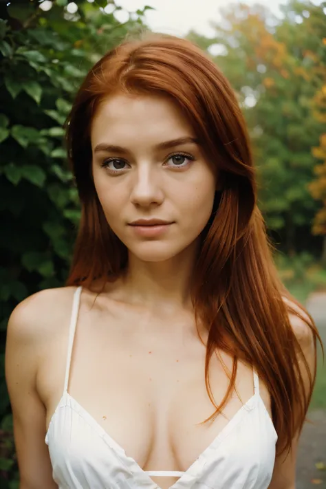 A photo of red haired girl, medium size breasts, wearing a summer