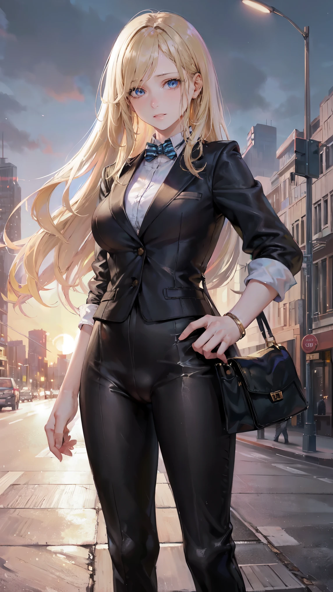 (best quality,4k,8k,highres,masterpiece:1.2),ultra-detailed,(realistic,photorealistic,photo-realistic:1.37),A girl with androgynous features,golden blonde hair,big expressive eyes,subtle makeup,beautiful jawline,symmetric face,soft skin,tall and slender,She is wearing a fashionable androgynous outfit made of high-quality fabrics,loose-fitting pants,striped tailored shirt with rolled-up sleeves,a well-tailored blazer,trousers fall perfectly on their shoes. She has a confident and poised posture,standing in front of an urban landscape with tall buildings and city lights. The scene is captured at dusk,with the warm glow of the setting sun casting a golden light over the girl and the city. The colors of the artwork are vibrant and vivid,with a mix of warm and cool tones. The lighting is dramatic and emphasizes the girl's features and the architectural elements in the background. The overall effect is a stunning and thought-provoking image that combines elements of fashion,beauty,and urban life. (night  city), (cameltoe)