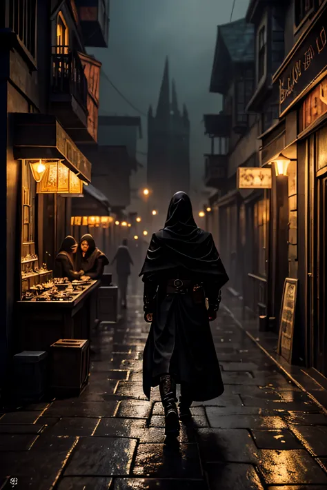 Shifty,sexually ambiguous changeling,rouge merchant,in a dark cloak,rundown fantasy city street,foggy night,(best quality,4k,8k,...