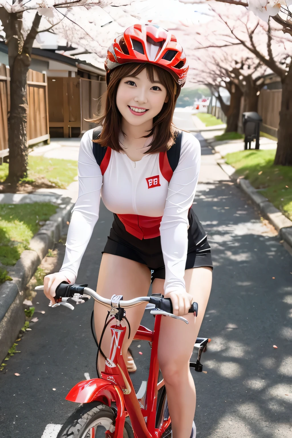 Ride a red bike down the hill,japanese animation,cinematic,sunlight,elegant girl ,big ass、cheerful smile,(black、white、red tight bicycle jersey,)black、white、wearing a red bicycle helmet,big breasts,( Shiny reddish brown short hair,)Cherry blossoms with falling petals,detailed hairstyle,very detailed