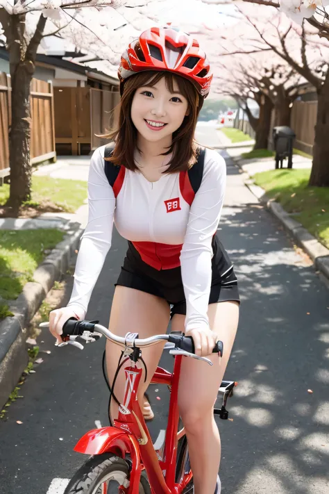 Ride a red bike down the hill,japanese animation,cinematic,sunlight,elegant girl ,big ass、cheerful smile,(black、white、red tight ...