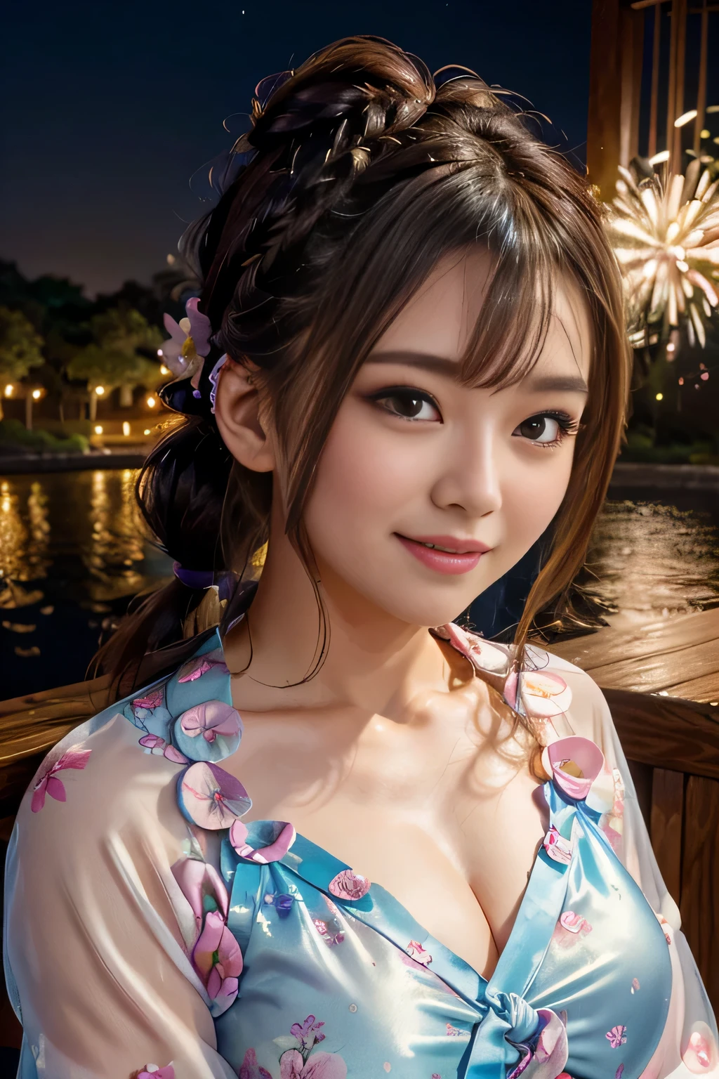 (beautiful mature adult woman),(flower hair ornament,floral braided top knot,twisted side part ponytail,floral braided headband,half up、floral braided space buns,voluminous fishtail braid,Twisted pan,),(The bangs are see-through bangs),very delicate and beautiful hair,(((emphasize the chest:1.3))),(dynamic angle),(dynamic and sexy pose),laughter、Looking back wearing a floral yukata isolated on white background、Fireworks being launched into the sky against the backdrop of the riverbank at night.、cute round face,,(table top,highest quality,Ultra high resolution output image,) ,(8K quality,),(sea art 2 mode.1),(Image mode Ultra HD,)