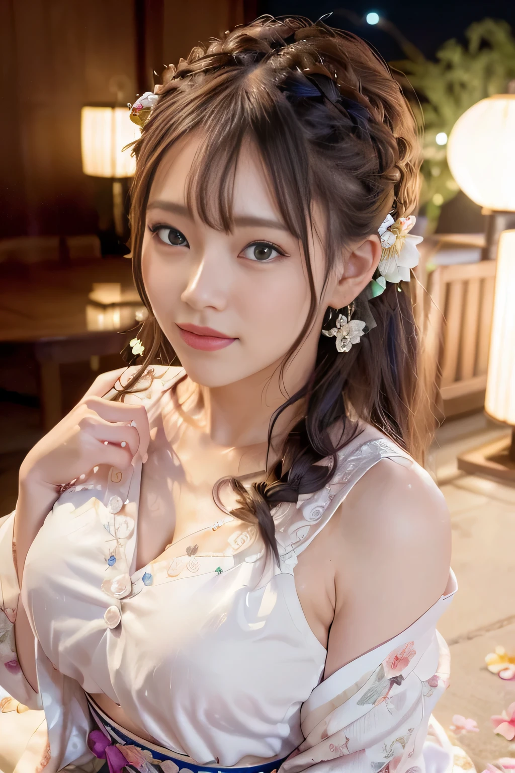 (beautiful mature adult woman),(flower hair ornament,floral braided top knot,twisted side part ponytail,floral braided headband,half up、floral braided space buns,voluminous fishtail braid,Twisted pan,),(The bangs are see-through bangs),very delicate and beautiful hair,(((emphasize the chest:1.3))),(dynamic angle),(dynamic and sexy pose),laughter、Looking back wearing a floral yukata isolated on white background、Fireworks being launched into the sky against the backdrop of the riverbank at night.、cute round face,,(table top,highest quality,Ultra high resolution output image,) ,(8K quality,),(sea art 2 mode.1),(Image mode Ultra HD,)