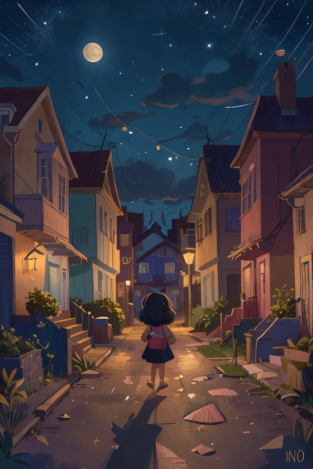 ciel de nuit , une fille dans une rue déserte avec des maisons à côté, illustration (8k illustration), (meilleure qualité) (détails complexes) (8k) (ciel de nuit), lune.
