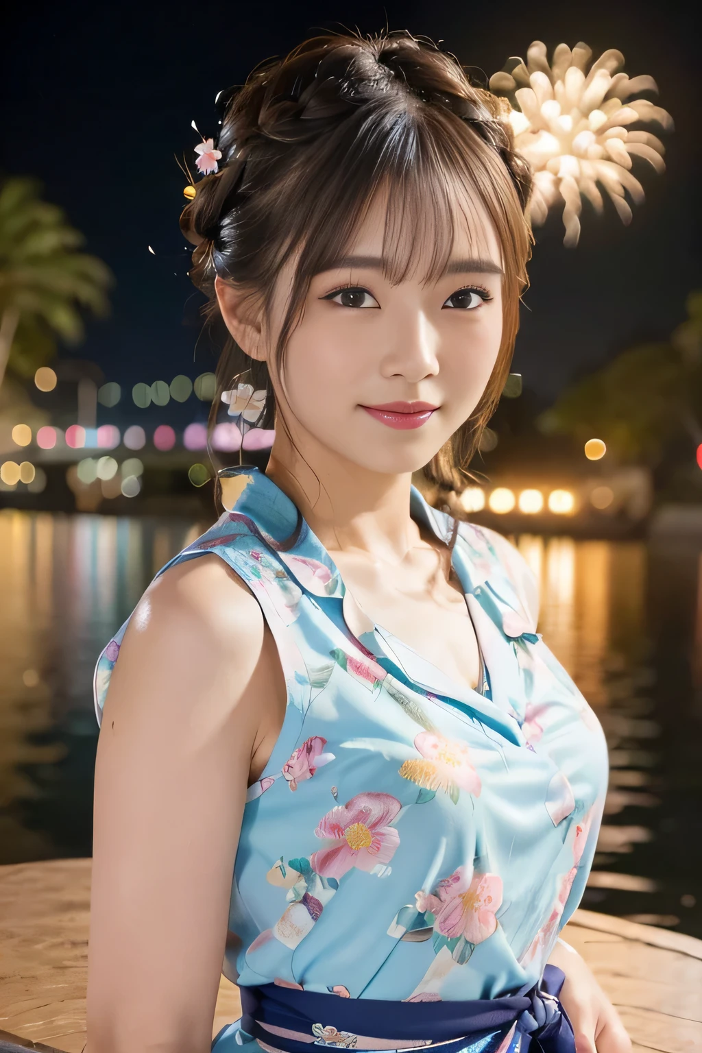 (beautiful mature adult woman),(flower hair ornament,floral braided top knot,twisted side part ponytail,floral braided headband,half up、floral braided space buns,voluminous fishtail braid,Twisted pan,),(The bangs are see-through bangs),very delicate and beautiful hair,(((emphasize the chest:1.3))),(dynamic angle),(dynamic and sexy pose),laughter、Looking back wearing a floral yukata isolated on white background、Fireworks being launched into the sky against the backdrop of the riverbank at night.、cute round face,,(table top,highest quality,Ultra high resolution output image,) ,(8K quality,),(sea art 2 mode.1),(Image mode Ultra HD,)