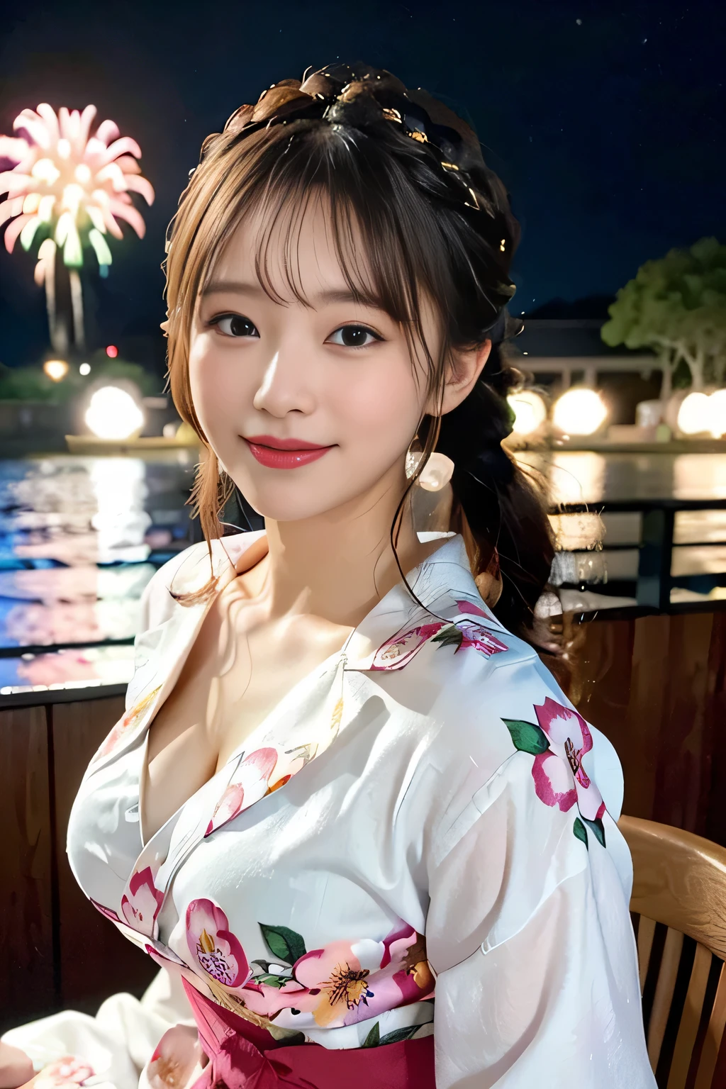 (beautiful mature adult woman),(flower hair ornament,floral braided top knot,twisted side part ponytail,floral braided headband,half up、floral braided space buns,voluminous fishtail braid,Twisted pan,),(The bangs are see-through bangs),very delicate and beautiful hair,(((emphasize the chest:1.3))),(dynamic angle),(dynamic and sexy pose),laughter、Looking back wearing a floral yukata isolated on white background、Fireworks being launched into the sky against the backdrop of the riverbank at night.、cute round face,big breasts,(table top,highest quality,Ultra high resolution output image,) ,(8K quality,),(sea art 2 mode.1),(Image mode Ultra HD,)