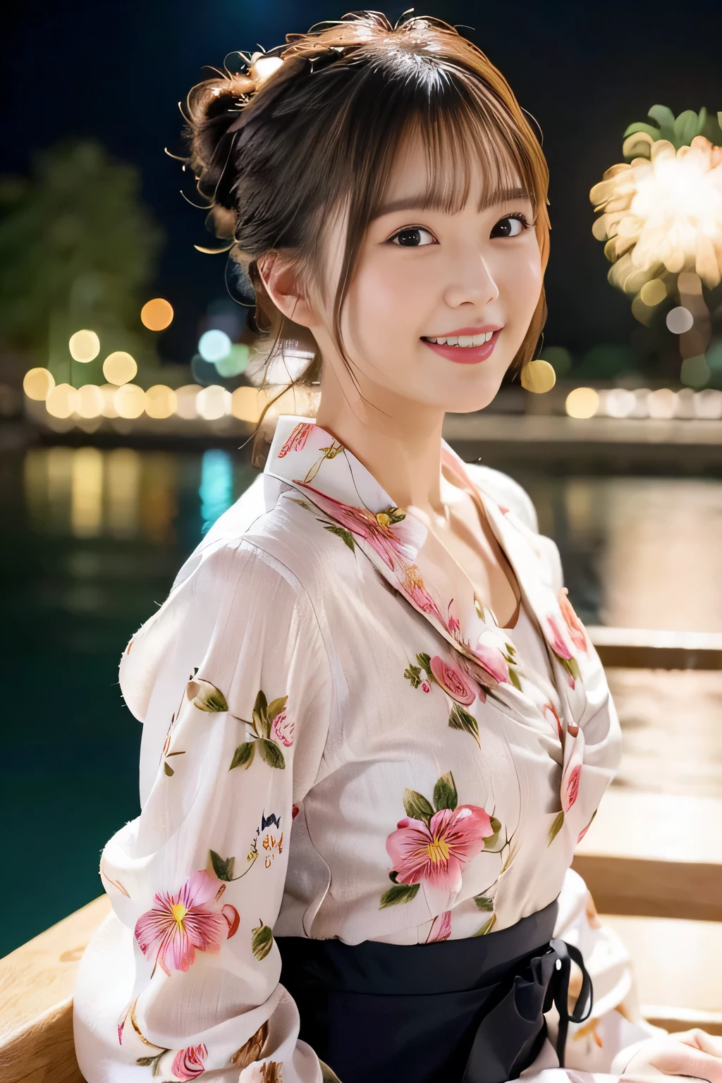 (beautiful mature adult woman),(flower hair ornament,floral braided top knot,twisted side part ponytail,floral braided headband,half up、floral braided space buns,voluminous fishtail braid,Twisted pan,),(The bangs are see-through bangs),very delicate and beautiful hair,(((emphasize the chest:1.3))),(dynamic angle),(dynamic and sexy pose),laughter、Looking back wearing a floral yukata isolated on white background、Fireworks being launched into the sky against the backdrop of the riverbank at night.、cute round face,big breasts,(table top,highest quality,Ultra high resolution output image,) ,(8K quality,),(sea art 2 mode.1),(Image mode Ultra HD,)