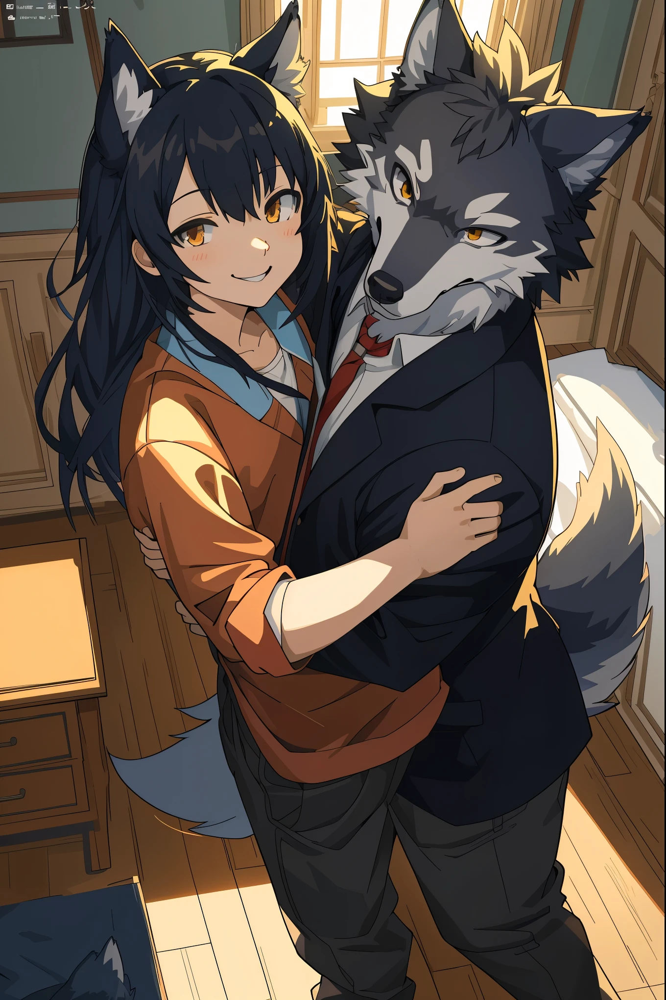 Anime girl hugging a wolf in a room with a window - SeaArt AI