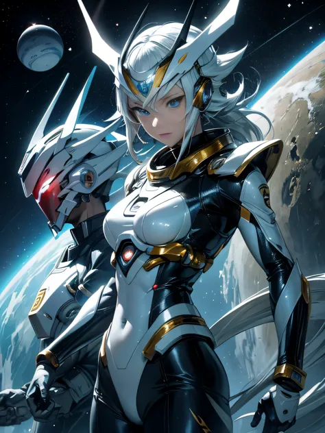 Uchu Sentai Space Monster、2 white female members、slender muscular body、silver steel body、Blue eyes shine、space background