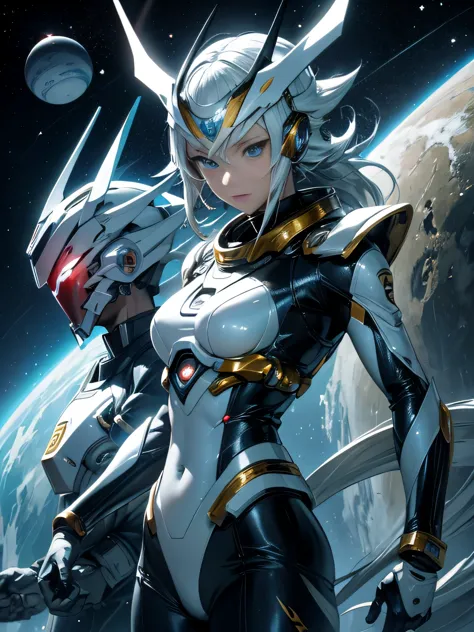 uchu sentai space monster、2 white female members、slender muscular body、silver steel body、blue eyes shine、space background