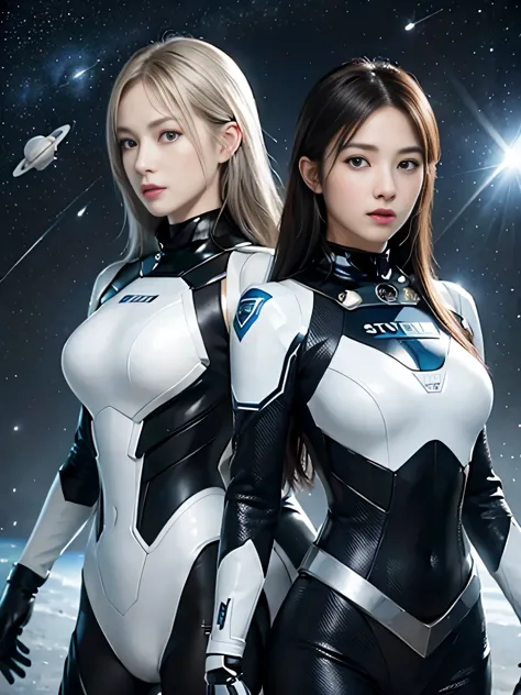 Space Sheriff Gavan Dynamic、2 white female members、slender muscular body、silver steel body、Blue eyes shine、space background