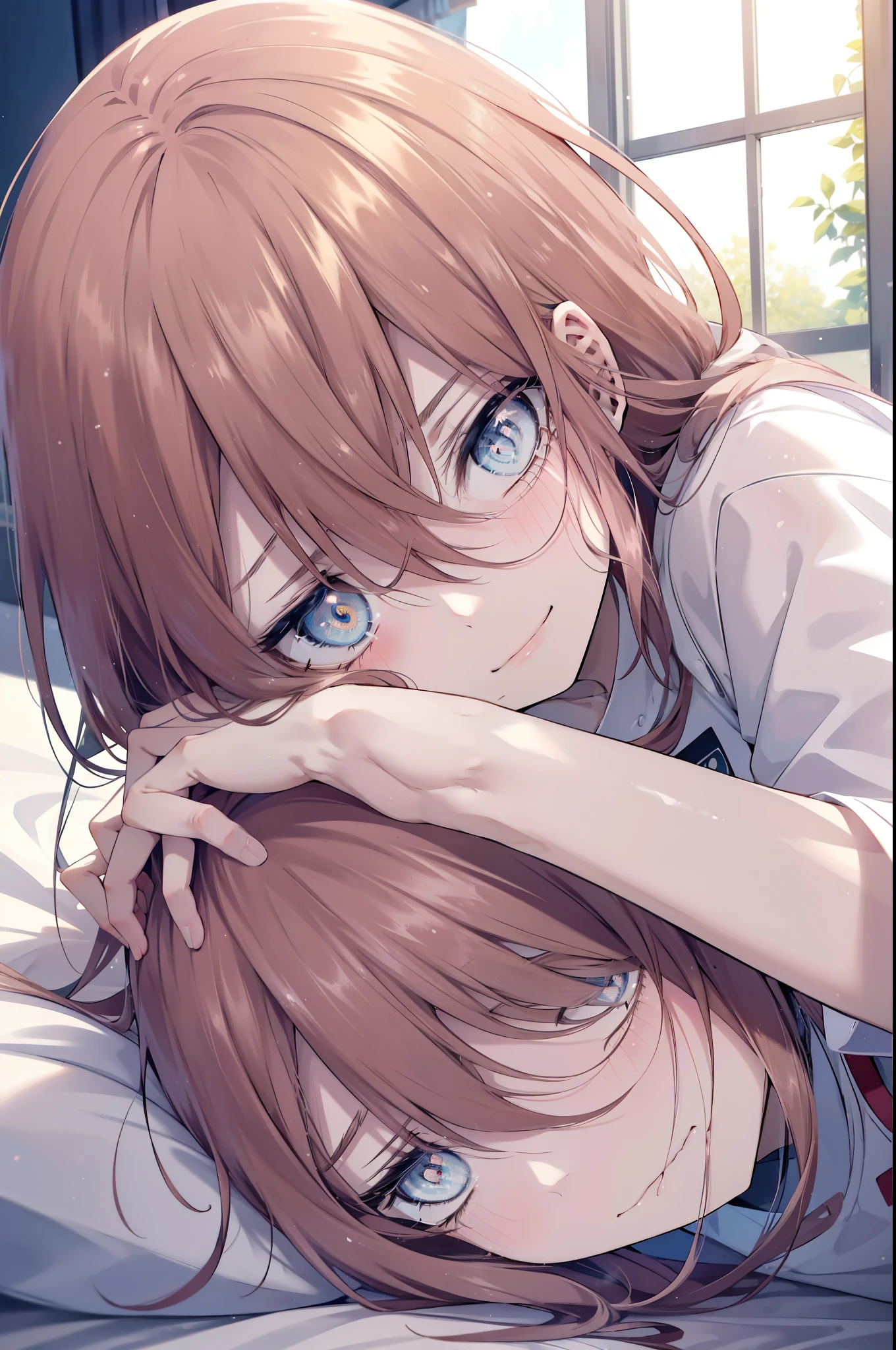 Anime girl laying on bed with her head on her hand - SeaArt AI