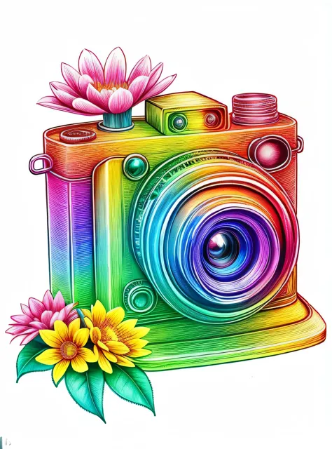 RainbowPencilRockAI camera surrounded by flowers