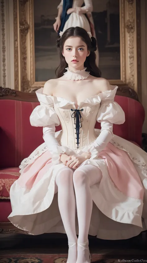 Masterpiece, perfect long legs, corset, large pink and white Victorian dress, wavy black hair, blue eyes, inside a castle, sitti...
