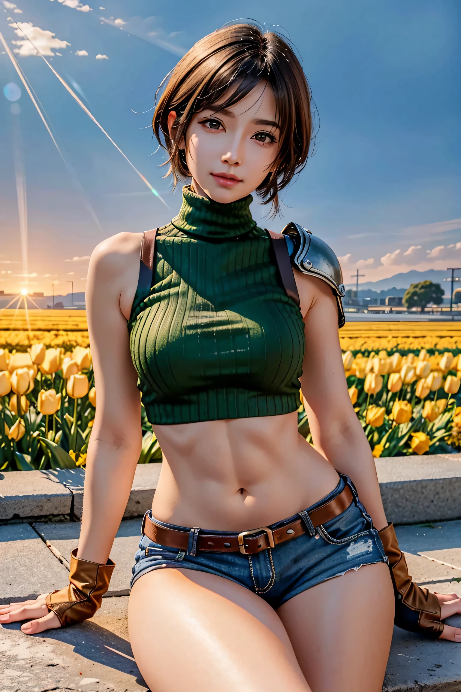 (masterpiece, 最high quality)
Yuffie Kisaragi,FF7, short hair,head band,belly button,sleeveless,turtleneck,brown eyes,sleeveless turtleneck,smile,gloves,crop top,brown hair,shorts,abdomen,armor,sweater,open fly,fingerless gloves,ribbed sweater,realistic,Super high quality,high quality,masterpiece,digital single lens reflex,Detailed details,exquisite details,based on anatomical basis,depicted in detail,detailed face,realistic skin texture,vivid details,perfect anatomy,perfect anatomy,anatomically correct hand,anatomically correct fingers,Super detailed,Complex 3D rendering,Huge ,sexy pose,The beautiful world of Final Fantasy 7,beautiful sunset,fantastic sunset,beautiful yellow tulip field,beauty like a painting,Take a full body photo,nine heads and bodies,pink lip,emphasize the beautiful whole body,beautiful nails,へにょへにょしたsmile,
