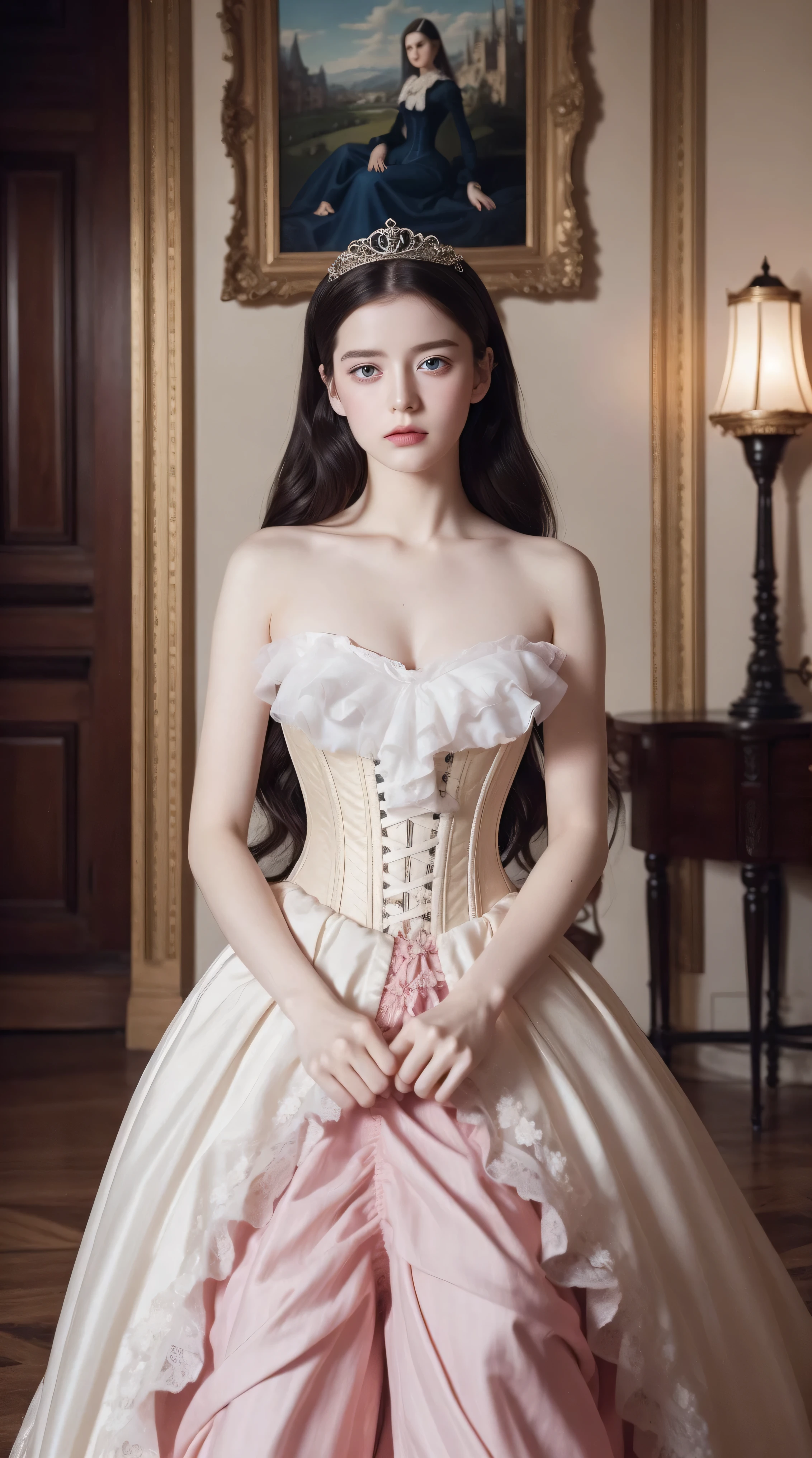 Meisterwerk, perfekte lange Beine, corset, großes rosa-weißes viktorianisches Kleid, Welliges schwarzes Haar, blaue Augen, in einem Schloss, Sitzung, elegant, kleine spitze Nase, hübsch, Prinzessin