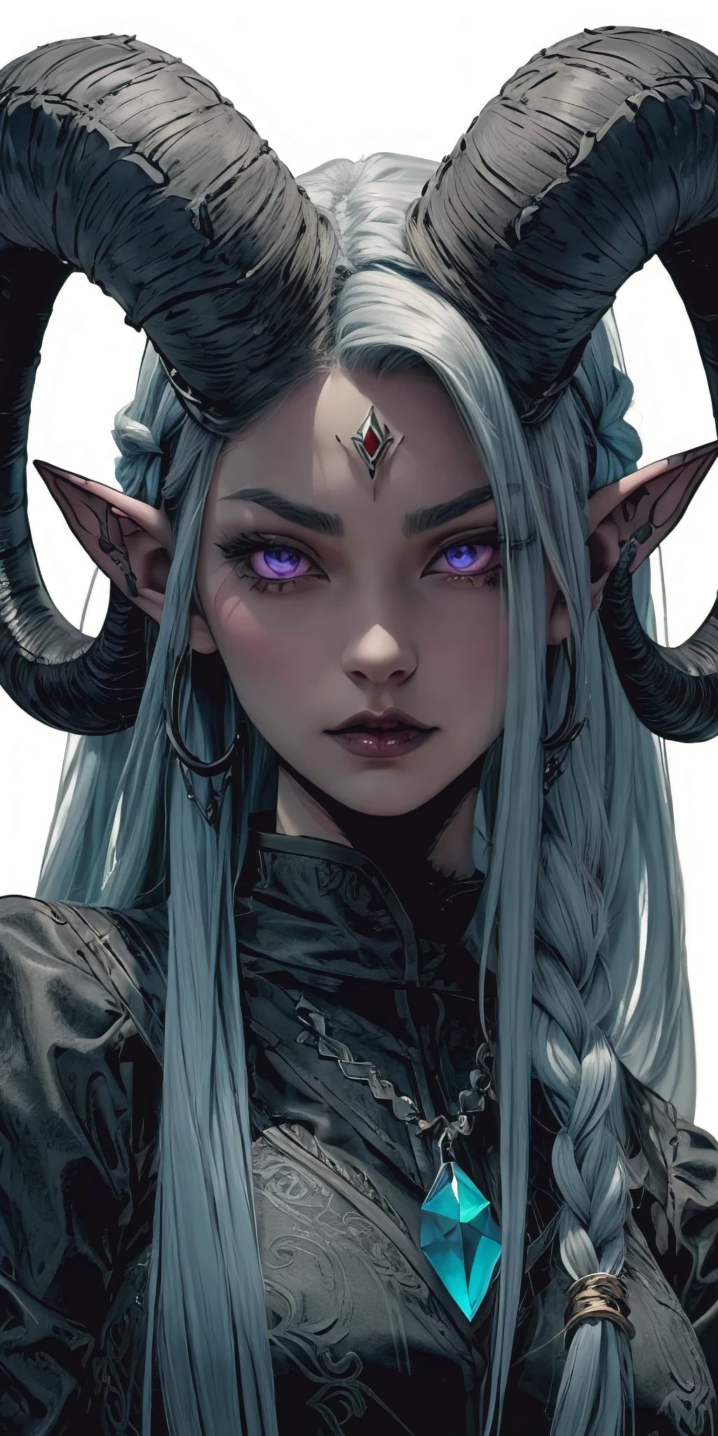 Gigantic Devil ram-Horns. Fangs, Oversized horns coming out of her head. Sharp fangs. pointy ears and a devil's tail. Grey-blue skin tone. Asian beautiful face. A Tiefling Warlock named Skylla, in Photoreal Anime interpretation. In the Castle of Dracula, Skylla the Warlock stands surprised, her full lips slightly agape, her eyes are milky white, and stunned, she looks unable to move as she transforms into a Vampire. In the Style of a Dark Fairytale. Her full lips slightly agape, her eyes are milky white, and stunned. Pointy ears, and horns, and delicate nose on a beautiful asian face wearing a Vampire gothic Warlock gothy gear. She has flowing long curls of Black-Blue braided hair cascading over her uniform, apron, shoulders and past her full wide hips. A Blue-black Haired devil-girl hybrid Witch. She is wearing a Ye Olde Black and Purple Warlocks's Street goth wear, with frilly stained wristlets. Fantasy Vampire Dark Castle Interior Background. Photoreal Vampire gothic style