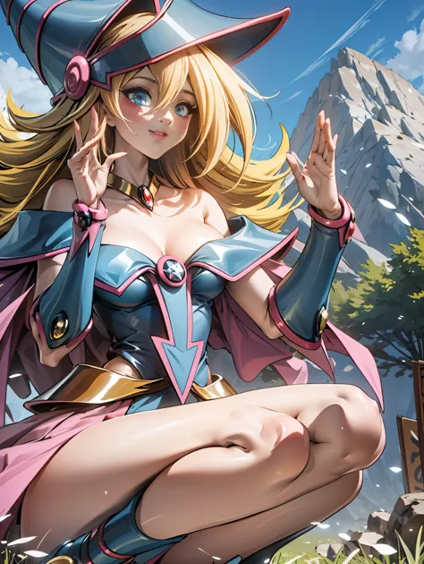 Ereshkigal in the series of destiny levitating in the grass under a tree looking at the viewer looking on smiling, feliz, winkin...