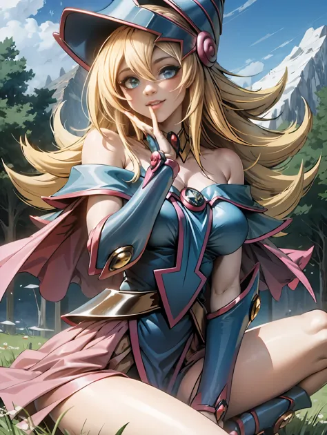 Ereshkigal in the series of destiny levitating in the grass under a tree looking at the viewer looking on smiling, feliz, winkin...