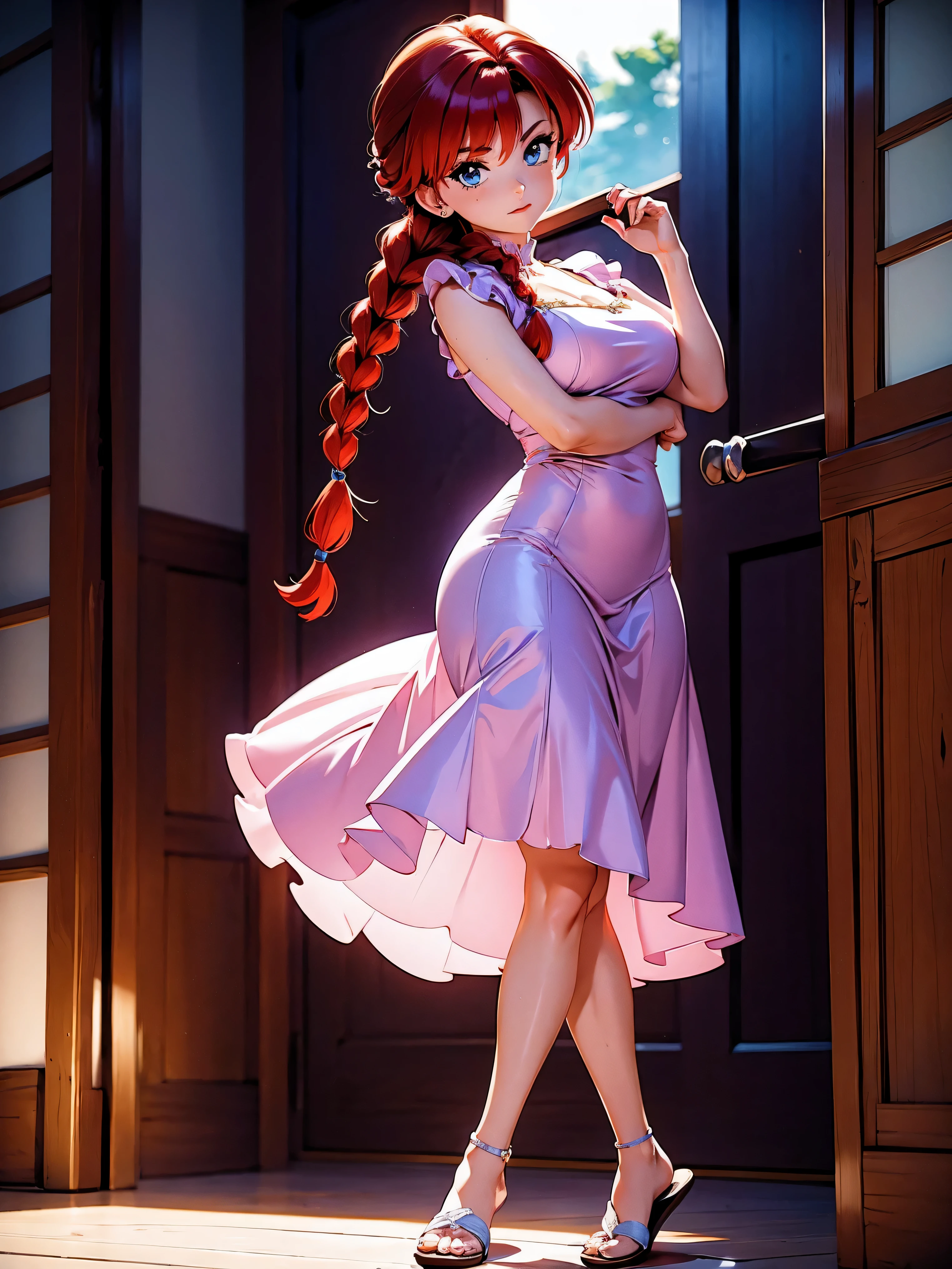 Fille d'anime rousse avec une robe de mariée violette longue, 16 ANS, beau corps, gros seins, avec tes mains derrière la tête, passer tes mains dans tes cheveux, fille sexy, red cheveux avec tresse, éclairage magnifique, ombres douces, yeux bleus, belles jambes, cheveux avec tresse, style animé, Ranma chan, Autora Rumiko Takahashi, D&#39;après une œuvre de Rumiko Takahashi, Anime Ranma 1/ 2, déco sexy, hanche robuste, tout le corps, tout le corps, gros buste, jeune fille avec un beau et beau corps, sandales aux pieds, petite jeune fille, robe de mariée violette longue magnifique, fille animée, style animé