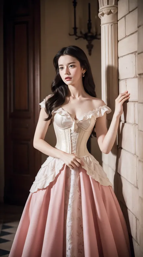 masterpiece, perfect long legs, corset, large pink and white victorian dress, wavy black hair, blue eyes, inside a castle, stand...