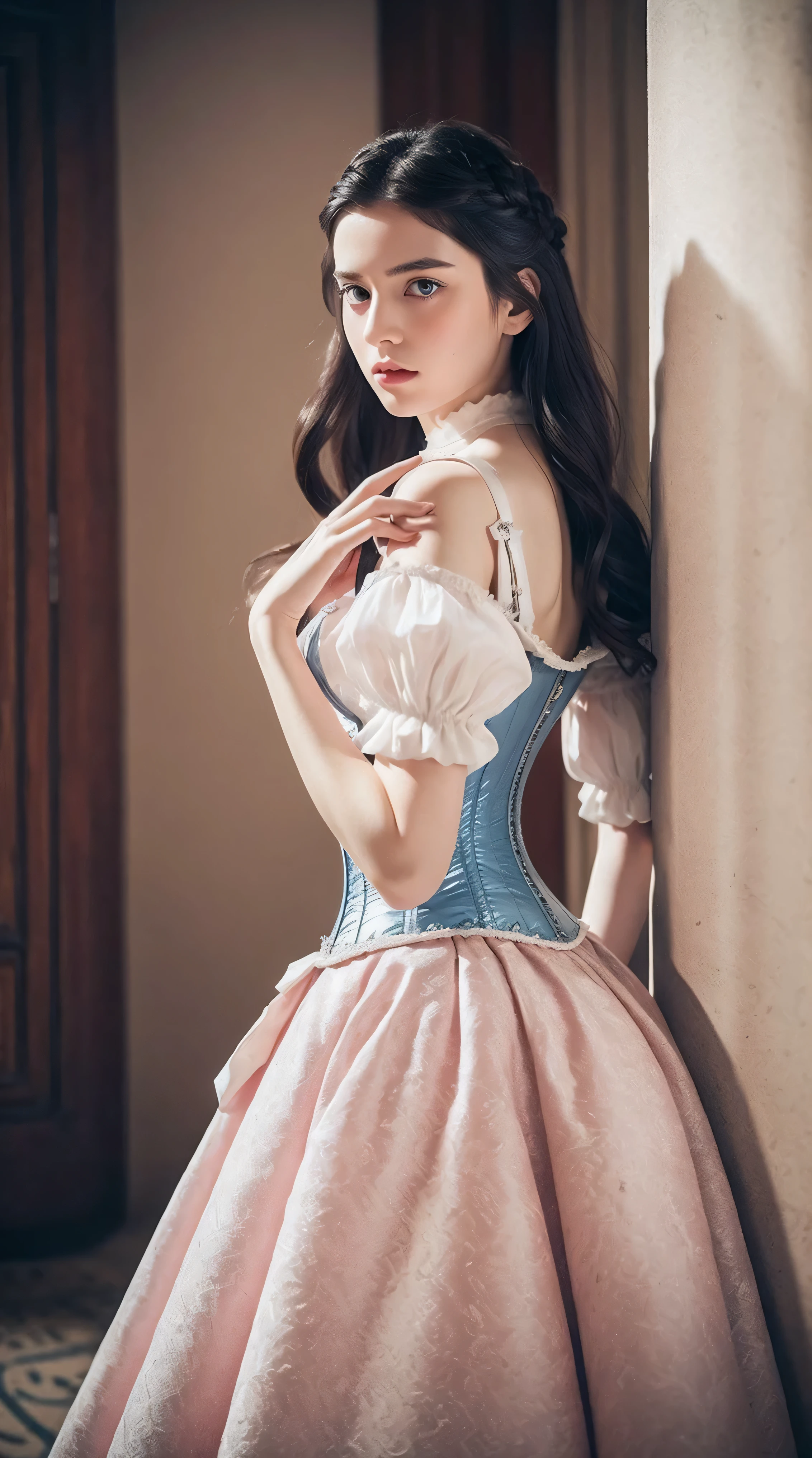 Masterpiece, perfect long legs, corset, large pink and white Victorian dress, wavy black hair, blue eyes, inside a castle, standing, elegant, small pointy nose, pretty, princess