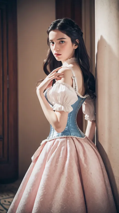 masterpiece, perfect long legs, corset, large pink and white victorian dress, wavy black hair, blue eyes, inside a castle, stand...