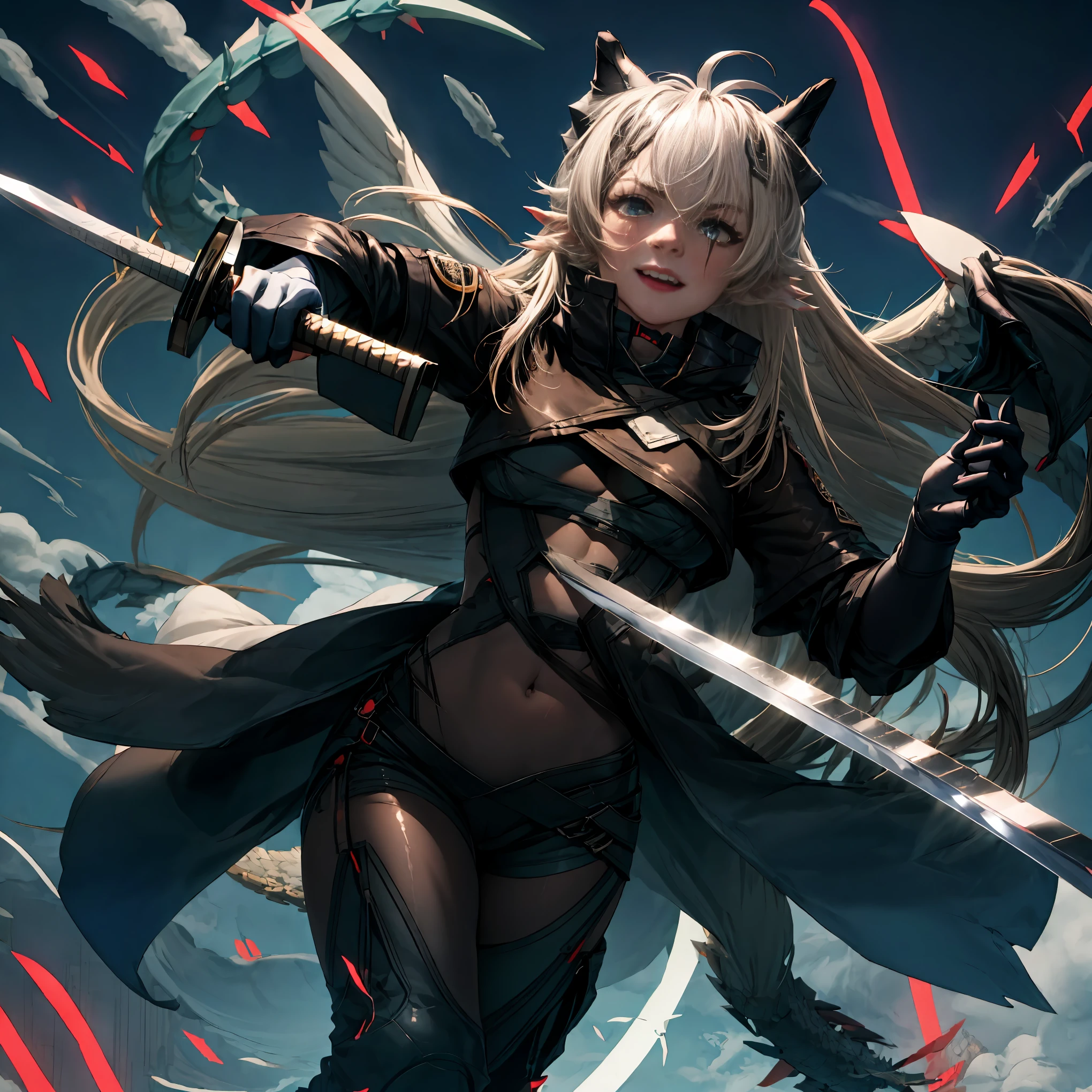masterpiece, 8k, resolution, high quality, high resolution, best quality, extremally detailed, best resolution, absurd resolution, ray tracing, high detailed, masterpiece, extremely detailed,detailed angelic face, shoulder length white hair, female, 2 white fox ears, teenage girl, slime body, white scale dragon tail, military boots,black leggings, military combat pants, black T-shirt, white jacket open, medium size chest, detailed blue eyes,solo female,1 dragon tail, tomboyish, thick dragon tail, white scales, 2 dragon wings, white fluffy dragon wings, detailed face, holding a katana sword,very detailed, amazing details,solo female, 1 female