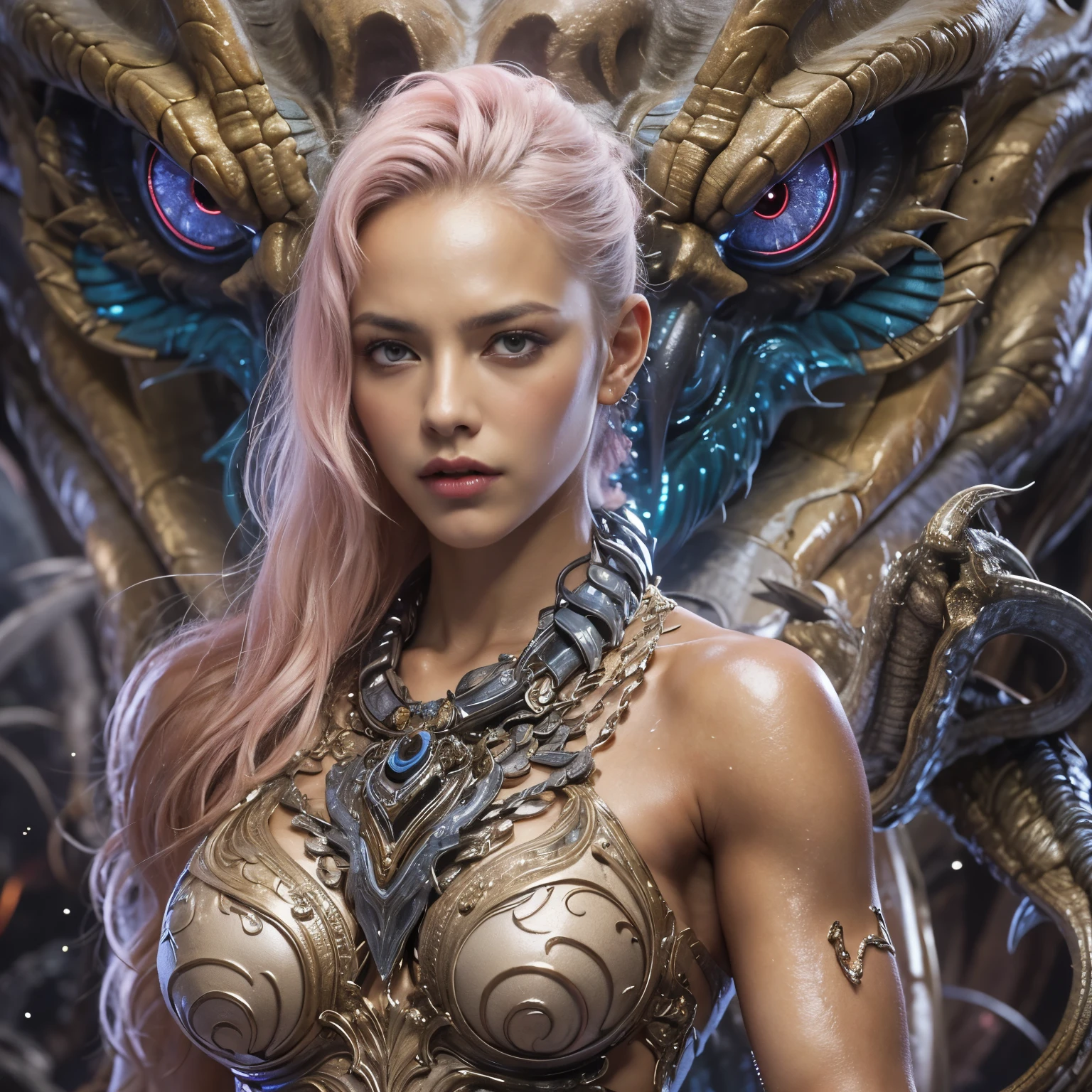 1 female alien, The predator, warrior, (extremely beautiful:1.2), (intense gaze:1.6), (predator:1.6), long dark claws, NSFW,  nipples, thick eyebrows, glowing and shining deep blue eyes, the most beautiful face in the universe, pink silver blonde hair,
A woman with an extremely beautiful face, her intense gaze fixed on her prey, a primal force that could not be denied.

(extreamly beautiful lean body:1.5), (ultra muscular build:1.2), (prowling:1.3), (sleek movements:1.4),

Her beautiful body, muscular and toned, moved with sleek grace as she prowled, ready to strike at a moment's notice. The predator within her was always on