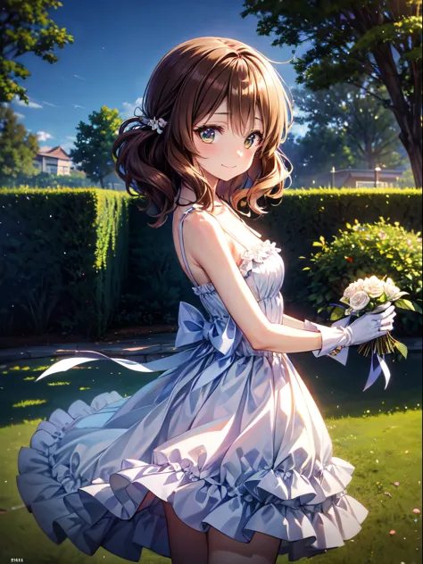 high resolution, highest quality, super high quality,3d images、kumiko、3d images、beautiful flower々満開のgarden、brown hair、wavy hair、...