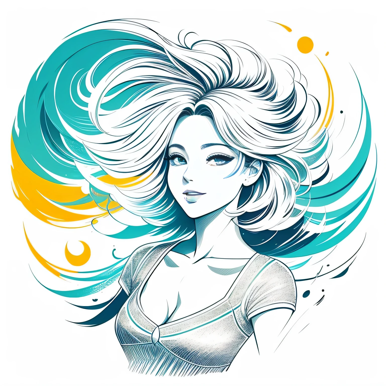 ink art, a beautiful woman with brunette hair, anime styling, listen long, smiling with style, dynamic poses, ultra colorfull, White background, detaileds, cleaned up, Masterpiece artwork,