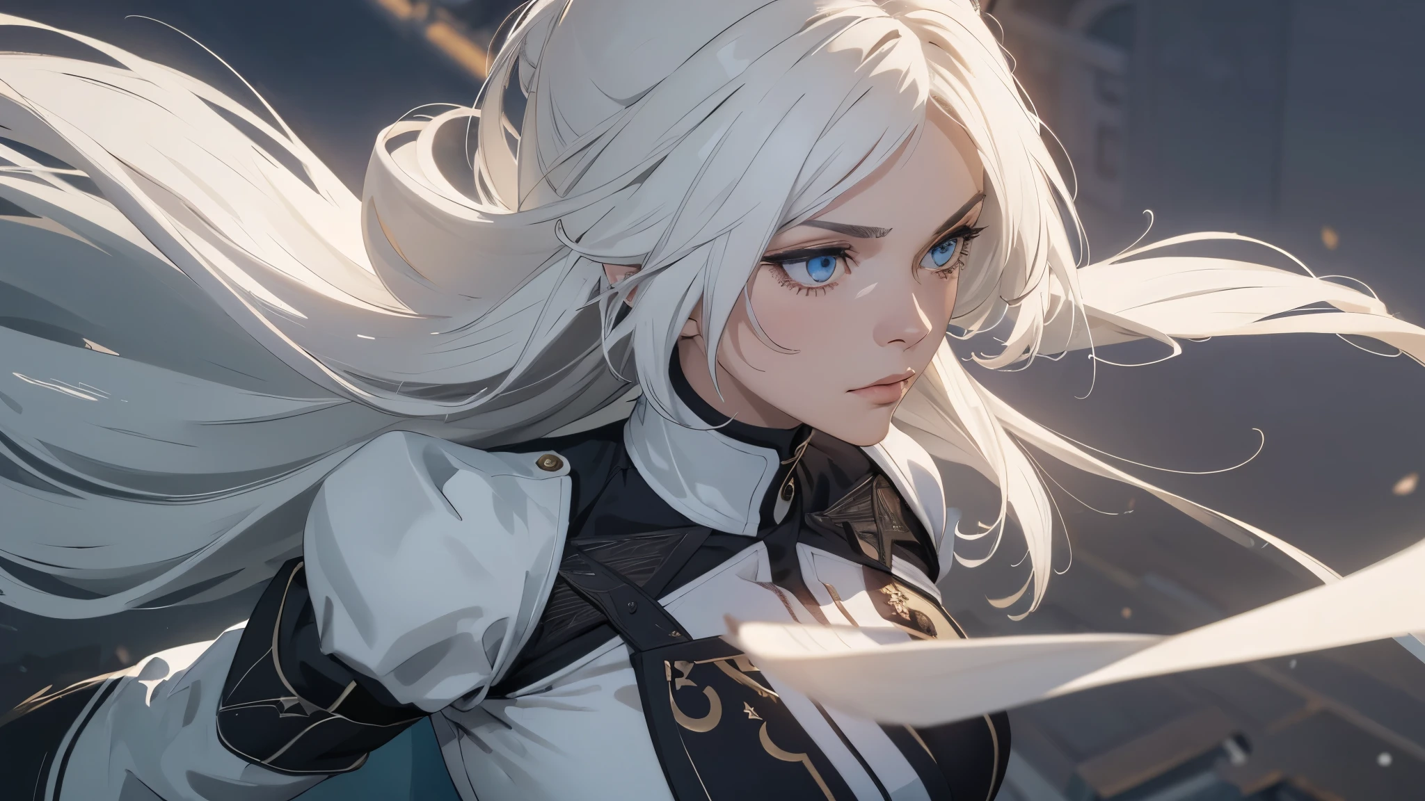 (extremely detailed CG unity 8k wallpaper), (masterpiece), (best quality), (ultra-detailed), (best illustration), (best shadow), (absurdres) ,(detailed eyes), 2b, 1girl, long hair, white hair, solo, Intimidating women, admiral uniform, night, hero pose, white clothes, General Uniform, Military Uniform, Sunlight, exposed to sunlight,commander, fighting pose, wearing cape