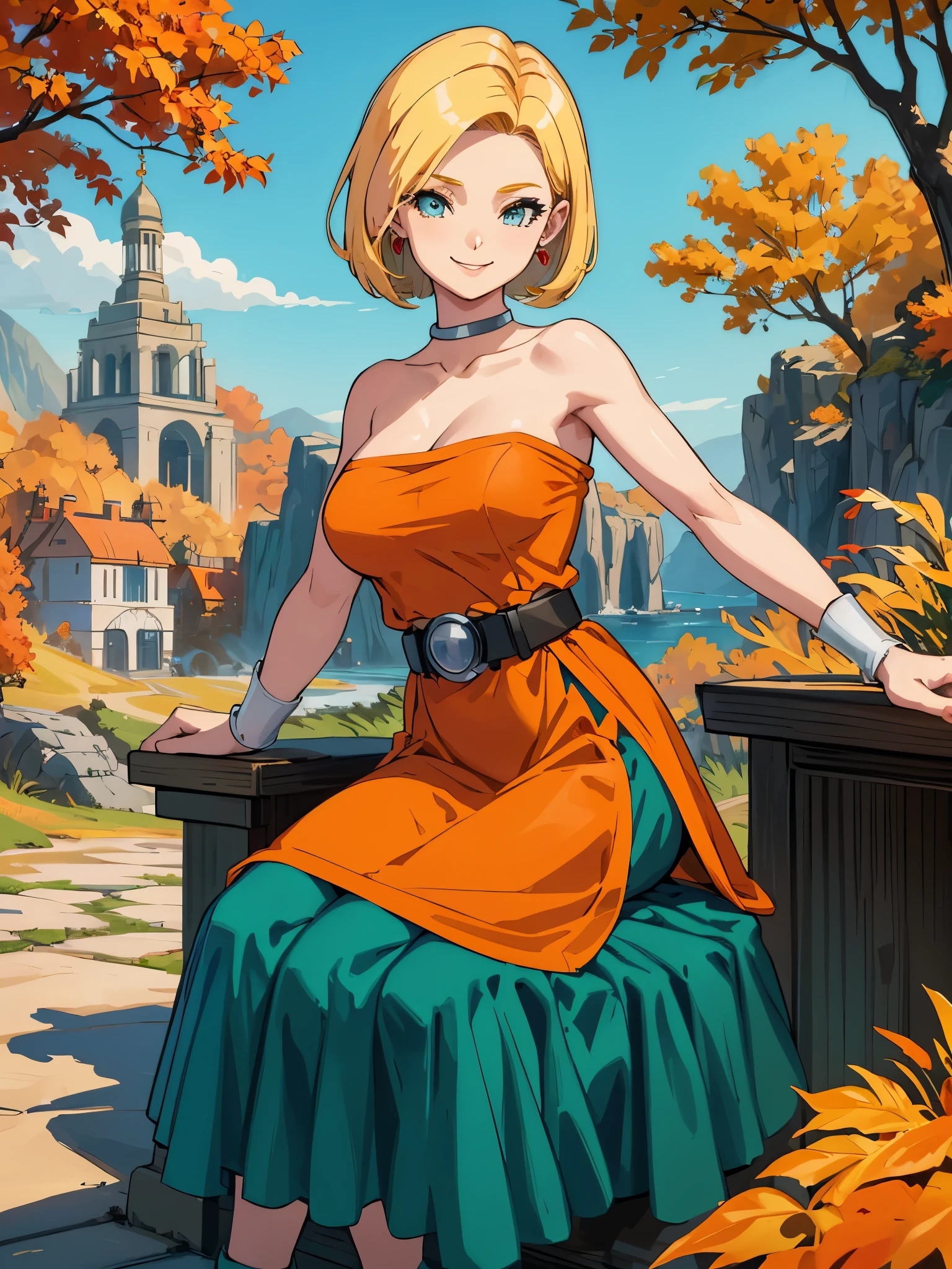 Show your armpits,masterpiece, highest quality, dq bianca, single blade, earrings, choker, orange cloak, green dress, belt, looking at the viewer, big breasts, sitting, Chair, Pouch, autumn, smile 