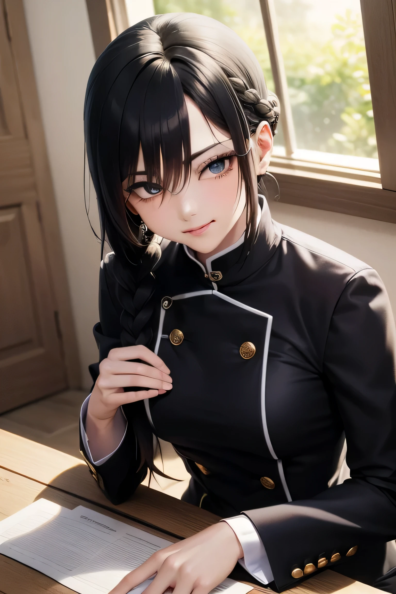 teen unohana, teen unohana, long hair, Bblack hair, Braid, single Braid, (eyes black:1.5), smiling
break  jujutsu kaisen uniform, single Braid,
break looking at viewer, whole body,
break indoors,
break (work of art:1.2), best qualityer, high resolution, unity wallpaper 8k, (illustration:0.8), (beautiful detailed eyes:1.6), extreme detailed face, perfect lighting, extremely detailed CG, (perfect hands, Perfect Anatomia),