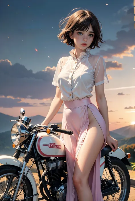 (((realistic))), (a girl stand front a vintage motocycle:1.79), girl focus, ((see through white frilly shirt:1.3), (full shot), ...