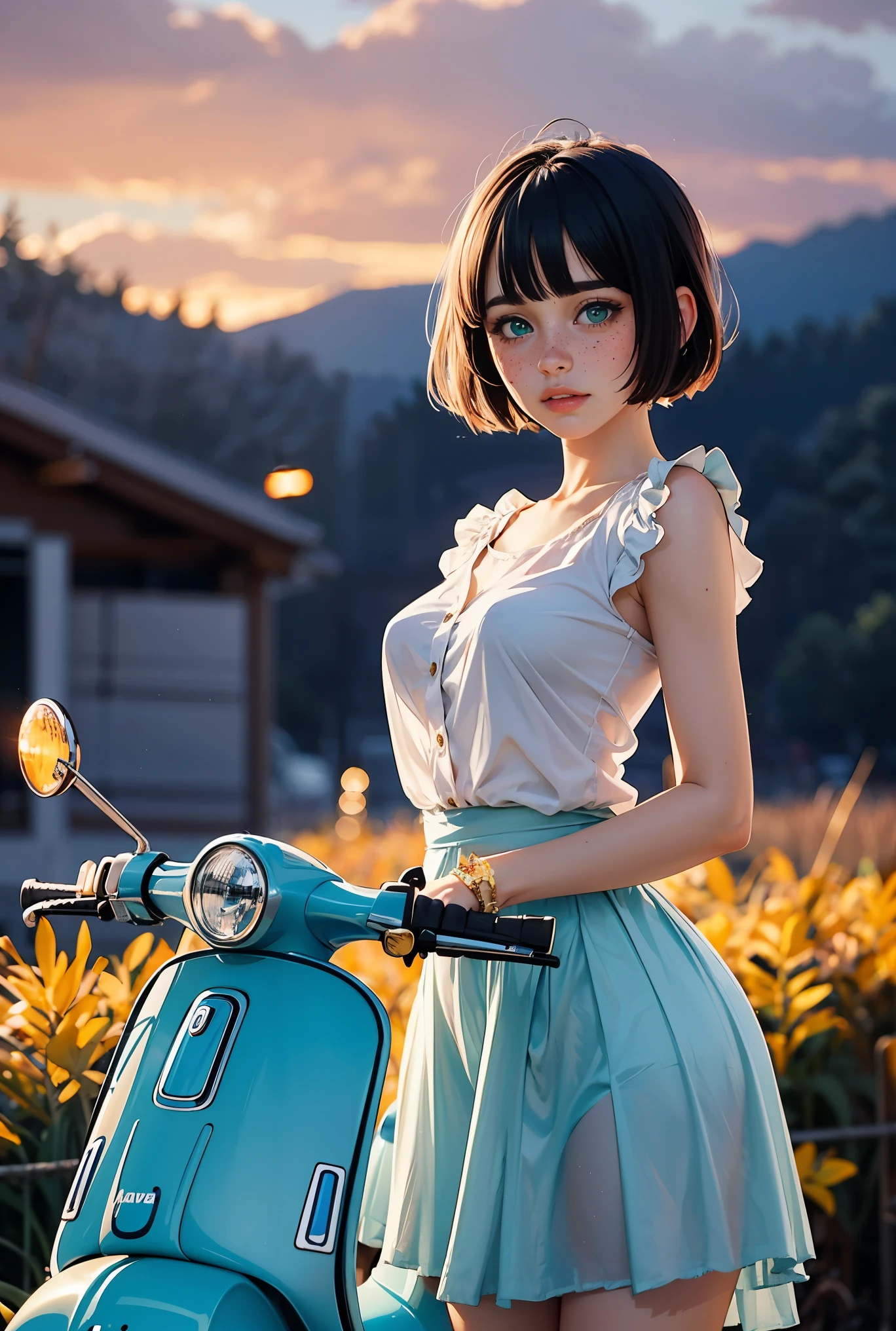 (((Réaliste))), (une fille se tient devant une moto Vespa bleu aqua vintage:1.79), fille se concentrer, ((Voir à travers la chemise blanche à froufrous:1.3), (de plein fouet), (jupe longue en satin rose:1.3), nudité, (en sueur)), (Culotte clignotante:1.2), 25 ans, (Beaux nuages gonflés, Ciel coucher de soleil), (crépuscule, fond du monde pandora à flanc de colline d&#39;automne luxuriant:1.5), (, Mince, Corps mince, Mamelon gonflé:1.3), (la photographie, Réaliste, bokeh, se brouiller), ((coupe bob courte ondulée)), (Lumières CENIMATIC, lumières douces:1.3)