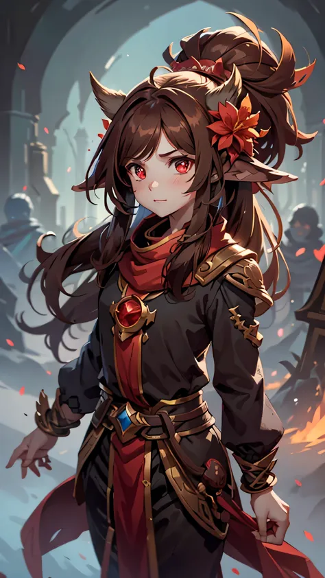 f4nt4nsy style pikkyhutao, 1 girl, brown hair, long hair, Symbol shaped pupils, alone, red eyes, looking at the audience, double tail, flower, have, long sleeves, Bangs, blush, jewelry, have flower, black headdress 
