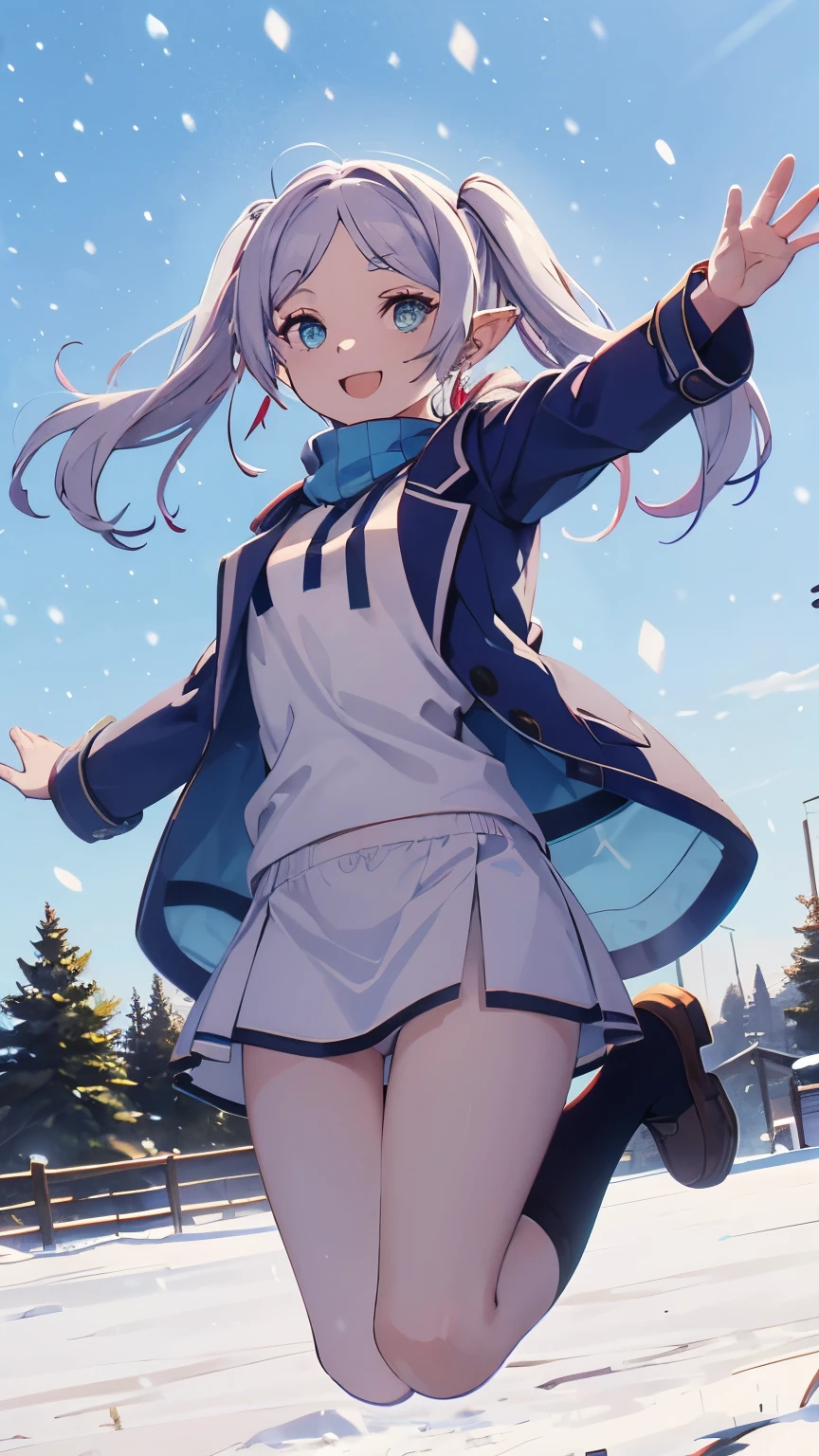 Anime girl in a short skirt and jacket jumping in the snow - SeaArt AI