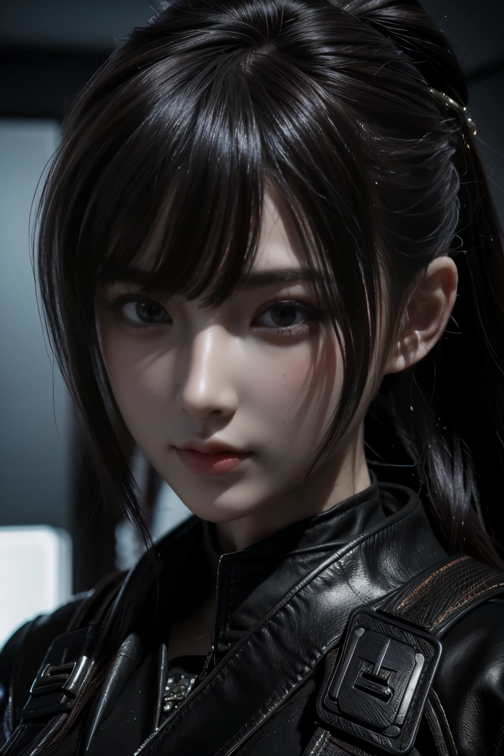 Game art，The best picture quality，Highest resolution，8K，(A bust photograph)，(Portrait:1.5)，(Head close-up)，(Rule of thirds)，Unreal Engine 5 rendering works， (The Girl of the Future)，(Female Warrior)， 
20岁少女，An eye rich in detail，(Big breasts)，优雅高贵，冷漠，勇敢的，
(Future style combat suit combining the characteristics of ancient armor，Ancient runes of light，Combat accessories with rich details，Metallic luster)，Future police，赛博朋克人物，

拍照姿势，简单背景，Movie lights，Ray tracing，Game CG，((3D Unreal Engine))，oc渲染反射纹