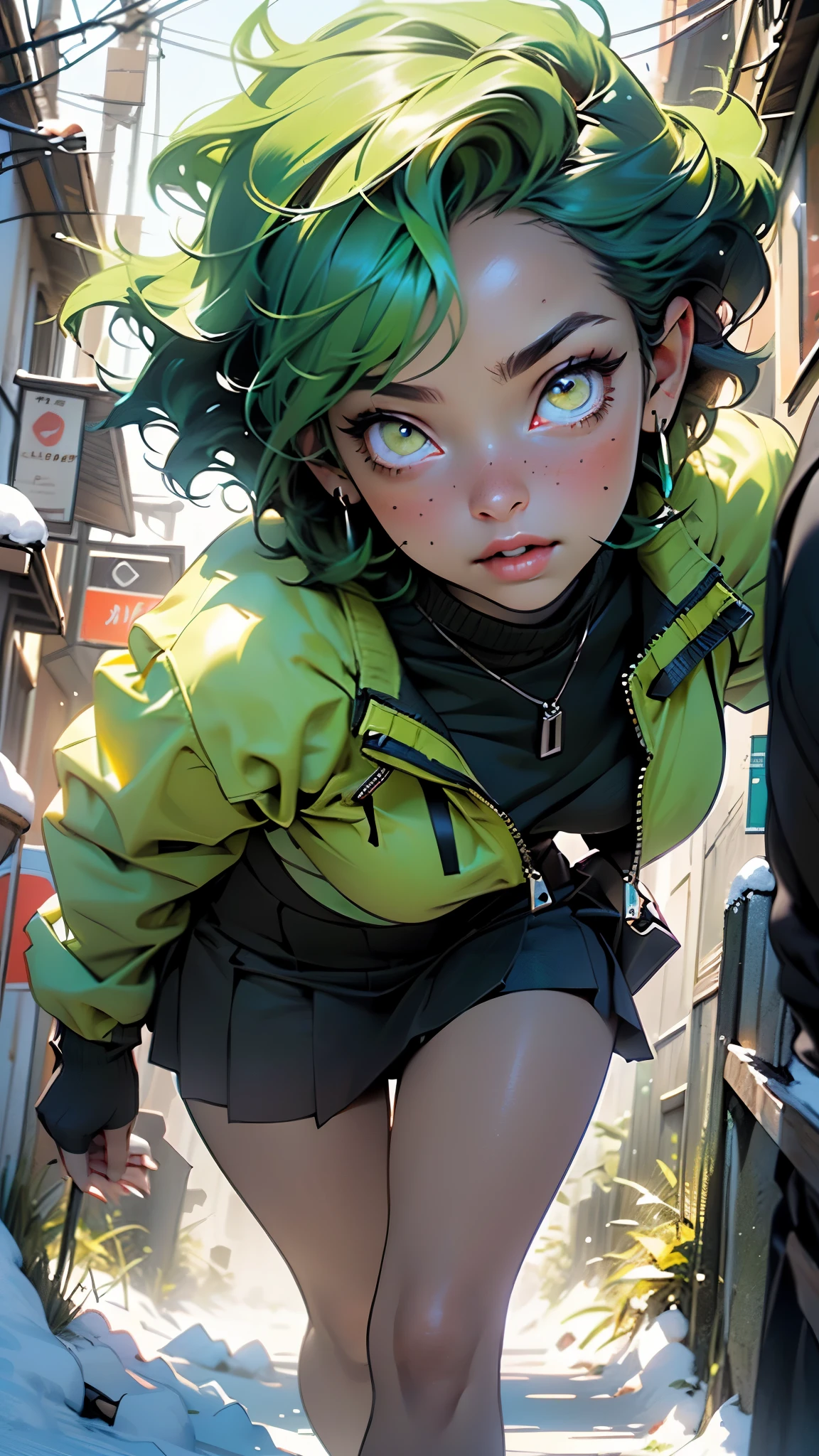 girl,1girl,((extremely cute and beautiful green haired girl)),(((16 years old))),(large breasts:1.2),((((green hair:1.35,(disheed hair),bright green hair,short hair,iridescent colors turquoise and green glowing colors,colored inner hair)))),((yellow_eyes:1.5)),glowing eyes,intricate eyes,beautiful detailed eyes,symmetrical eyes,Big eyes:1.5,((fat)),(((lustrous skin:1.5,bright skin: 1.5,skin tanned,shiny skin,very shiny skin,shiny body,plastic glitter skin,exaggerated shiny skin,illuminated skin))),(spider lower abdomen,narrow waist,wide hip,athletic body,inflated legs,thick thighs,detailed body,(detailed face)),

cute,slutty,seductive,erotic,(nsfw),

wearing green winter clothes,(green Santa Clothes:1.3),girl wearing ((green fleece snowcoat)) and fair isle patterned sweater in Petrina Hicks style,(Fashionable clothing:1.1),((schoolgirls)),Fashion Model,green and aquamarine,fair isle pattern,(modern nordic,urban sporty),textured surfaces,(((intricate outfit,intricate clothes))),

(dynamic pose:1.0),drinking hot chocolate,(centered,scale to fit dimensions,Rule of thirds),

((snowy pine forest)),winter,scenery:1.25,((intricate scenery)),((snow forest background)),

(Glossy winter ornaments),highres,sharp focus,(ultra detailed,extremely detailed),(photorealistic artwork:1.37),(extremely detailed CG unity 8k wallpaper),(((vibrant colors,vibrant theme))),(intricate),(masterpiece),(best quality),artistic photography,(photography taken by sldr),(intricate background),perfect rendered face,perfect face details,realistic face,photo realistic,analog style,((intricate detail)),(((realism))),
