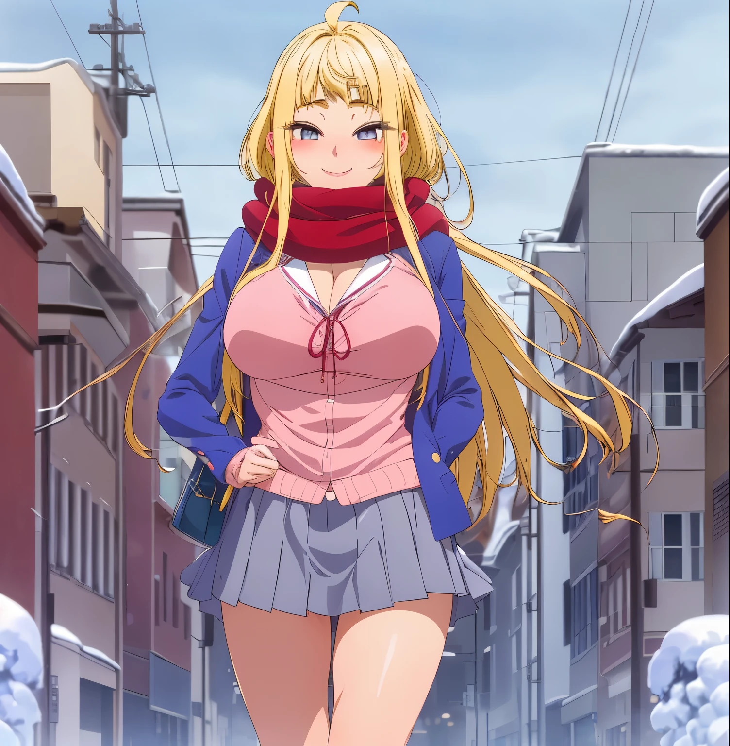 Anime girl in a skirt and jacket walking down a snowy street - SeaArt AI